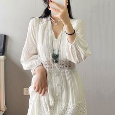 White Embroidered V-Neck Long Sleeve Boho Dress Material: 90%Cotton+10% Polyester Style: Sweet, Boho Size: S, M, L, XL, 2XL Color: White Applicable Scene: Leisure, Daily,Vacation Elegant White V-neck Boho Dress, White Long Sleeve V-neck Beach Dress, Bohemian White V-neck Dress, White V-neck Boho Dress For Spring, White Bohemian V-neck Boho Dress, White Long Sleeve V-neck Summer Dress, White Long Sleeve V-neck Dress For Summer, White Bohemian V-neck Dress For Spring, White Long Sleeve Casual Boho Dress