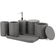 grey bathroom accessories set with soap dispenser and toothbrush holder