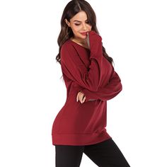 Wine Red Long Sleeve Pullover Sweatshirt Red Winter Tops With Ribbed Cuffs, Casual Red Sweater With Ribbed Cuffs, Red Winter Sweater For Loungewear, Oversized Red Top For Loungewear, Red Oversized Tops For Loungewear, Fall Long Sleeve Solid Color Sweatshirt, Red Long Sleeve Sweatshirt, Long Sleeve Sweatshirt For Fall, Winter Long Sleeve Crew Neck Top In Solid Color