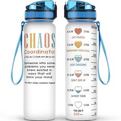 two water bottles with the words chaos and coordinates written on them, one has a measuring cup next to it