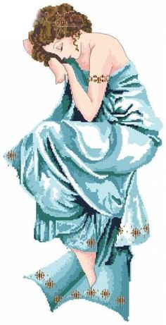 a cross stitch picture of a woman in a blue dress with her hand on her face