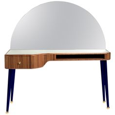 an oval shaped desk with blue legs and a mirror on top