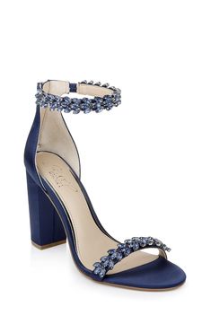 PRICES MAY VARY. Mayra Ankle Strap Evening Shoe Blue Wedding Shoes, Jewel Badgley Mischka, Embellished Heels, Evening Sandals, Strap Sandals Women, Rhinestone Heels, Satin Heels, Blue Heels, Block Heel Shoes