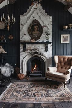 a living room filled with furniture and a fire place next to a wall mounted fireplace