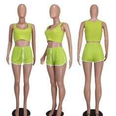 Solid Color Sportswear Ribbed Two Piece Shorts Set Sporty Spring Leisure Activewear, Spring Sporty Leisure Activewear, Solid Color Activewear For Leisure In Spring, Solid Color Activewear For Gym, Casual Sports Shorts Solid Color, Casual Sports Shorts In Solid Color, Summer Leisure Activewear With Drawstring, Solid Athletic Shorts For Spring Leisure, Green Stretch Activewear For Leisure