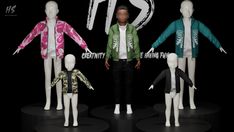 the mannequins are all dressed in different colors and sizes, including one wearing a green jacket