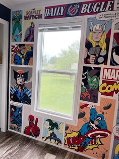 a room with comic panels painted on the wall and a window in the corner that is open