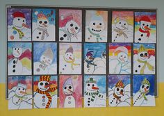 the snowmen are all painted in different colors and patterns on the wall, along with one another