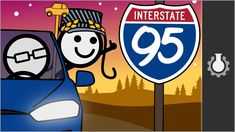 an image of a cartoon car driving down the road with a sign that says interstate 95