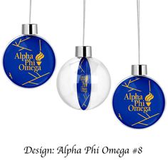 three glass christmas ornaments with the words design alha phongga s on them