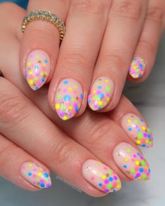 Dot French Tip Nails, Bright Dot Nails, Dotty Nails, Confetti Manicure, Colorful Polka Dot Nails Art Designs, Birthday Polka Dot Nails, Multi Colored Polka Dot Nails, Confetti Nails, Gel Overlay