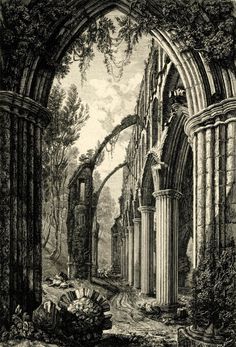 the ruins of an old church with columns and arches, in black ink on paper