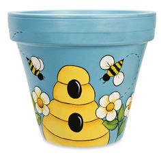 a flower pot with bees painted on it