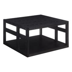 a black coffee table with two shelves on each side