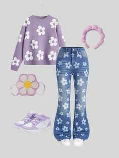 Girls Sweet And Cute Flower Print Fitted Elastic Slim Fit Four Seasons Denim Flared Trousers Medium Wash    Denim Floral,Plants Flare Leg,Skinny High Stretch  Tween Girls Clothing, size features are:Bust: ,Length: ,Sleeve Length: Jeans With Flowers, Flower Jeans, Girls Sweet, Jeans Kids, Cute Flower, Flare Trousers, Girls Denim, Denim Flares