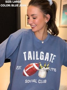 Get ready to cheer on your team in style with our "Tailgate Social Club" Comfort Colors crewneck sweatshirt! This cozy sweatshirt features a fun and festive design with a football and a beer, perfect for game day gatherings. Made from high-quality Comfort Colors fabric, this sweatshirt is soft, durable, and perfect for keeping you warm while you enjoy the game. Whether you're tailgating at the stadium or hosting a watch party at home, this crewneck is a must-have for any football fan. The unisex Crew Neck Top With Team Logo For Cheerleading, Casual Crew Neck Tops For Tailgating, Game Day Football Season Crew Neck Sweatshirt, School Spirit Crew Neck T-shirt For Tailgating, Football Season Game Day Crew Neck Sweatshirt, School Spirit T-shirt For Tailgating With Crew Neck, School Spirit T-shirt For Tailgating, Fall Cheerleading Crew Neck Sweatshirt, Fall Crew Neck Sweatshirt For Cheerleading