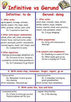 an infintive versus and gerund poster with the words on each side