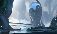 a futuristic scene with an alien like creature in the foreground and blue eyes on its face