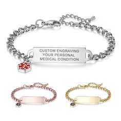 👍 STURDY MATERIAL:100% 316L Stainless Steel,Rose gold and Gold is Vacuum ion plating,Lead-free, nickel-free, non-allergic,Safe, green and non-toxic,long-lasting color does not fade! 👍 ELEGANT DESIGN:This elegant medical alert bracelet with diamond cutting Curb chain with a shiny rectangle id plate and hang a hexagonal charm mark both sides black medical id symbol,Full of stylish, wear it, you can harvest many compliments! 👍 FUNCTIONAL IMPECCABLE:Designed to be highly visible to emergency resp Safe Green, Medical Alert Jewelry, Medical Alert Bracelet, Rose Gold And Gold, Medic Alert Bracelets, Medical Bracelet, Medical Alert, Id Bracelets, Bracelet For Women