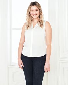 Our popular stretch silk blouse but now sleeveless. It's a classic, versatile look with a bit of stretch for a more forgiving fit and additional versatility. Perfect for work meetings, or stepping out to brunch. Plus, silk fiber contains 18 kinds of amino acids that make it amazing for skin nourishment, hypo-allergenic, and naturally thermoregulating to help maintain body temperature.  | Quince | Women's 100% Washable Silk Stretch Sleeveless Blouse in Ivory, Size Medium Sleeveless Blouse For Business Casual, Sleeveless Business Casual Blouse, Classic Fitted Sleeveless Blouse, Versatile Sleeveless Top For Business Casual, Classic Sleeveless Blouse For Office, Versatile Tank Top For Work, Classic Sleeveless Blouse For Work, Classic Sleeveless Office Tops, Elegant Sleeveless Tops For Business Casual