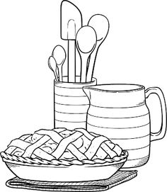 a plate with bread and utensils next to a mug full of spoons