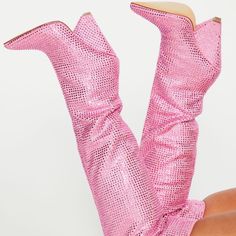 Cute Pink Rhinestone Cone Style Heel Boots! Over The Knee Style! Runs True To Size! Has 4” Heel! Pointed Toe! No Zipper No Closure! #Materialgirl! Firm Price Rhinestone Boots, Platform Heels Boots, Thigh High Boots Heels, Animal Print Shoes, Pink Boots, Spike Heels, Block Heel Boots, In The Spotlight, Hats For Sale