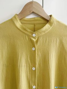 Orcajump - Solid Button Front Simple Shirt, Versatile Loose Comfy Shirt For Spring & Fall, Women's Clothing Summer Henley Neckline Tops With Buttons, Cotton Crew Neck Blouse With Buttons, Plain Button-up Summer Blouse, Spring Henley Neckline Top With Buttons, Summer Henley Neckline Blouse With Buttons, Yellow Relaxed Fit Solid Color Tops, Yellow Relaxed Fit Solid Tops, Yellow Solid Color Shirt For Summer, Summer Yellow Solid Color Shirt