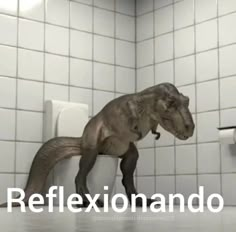 a dinosaur standing on top of a toilet in a bathroom