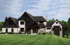 a large white and black house with lots of windows on the front porch, surrounded by lush green grass