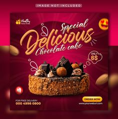 an advertisement for special delicious chocolate cake with nuts on the top and in the middle