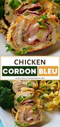 chicken cordon bleu with pasta and broccoli on the side is shown