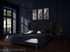 a bedroom with dark blue walls and wood flooring is lit by a chandelier