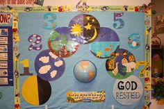 a bulletin board is decorated with different things