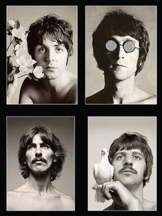 four different pictures of the same man with glasses on his eyes and one shirtless man holding a bird