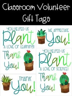 classroom volunteer gift tags with cacti in pot and thank you written on them