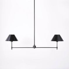 two black lamps hanging from the ceiling