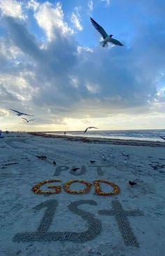 seagulls are flying over the beach and numbers written in sand