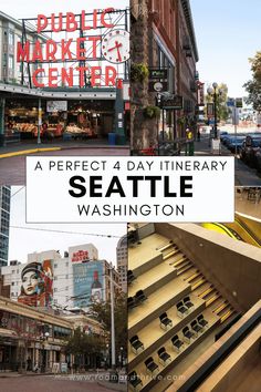 the seattle public market center is shown in this collage