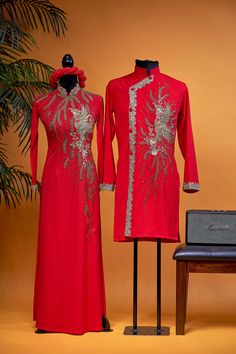 "This set includes: the women ao dai with matching pants, men ao dai (no pants), and a headpiece. The women or men ao dai can be bought separately. Please see size chart below for measurements of available pre-made sizes. We also take custom-made order to your measurements. Processing time for custom-made order is approximately 4-10 weeks. Orders placed by the end of each month will be ready to ship by the end of the following month. We will send you a message to confirm the processing time of y Red Long Cheongsam For Wedding, Long Red Cheongsam For Wedding, Festive Long Sleeve Ao Dai For Ceremony, Long Cheongsam For Wedding And Festive Occasions, Red Fitted Ao Dai For Traditional Ceremonies, Festive Long Cheongsam For Wedding, Festive Fitted Red Ao Dai, Long Festive Wedding Cheongsam, Elegant Red Ao Dai For Festive Occasion