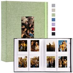 an open photo album with multiple pictures on the front and back cover, along with color swatches