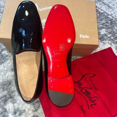 Limited Addition Tuxedo Shoes Christian Louboutin Shoes Mens Gold Black, Black Leather Loafers With Red Sole, Luxury Black Dress Shoes With Rubber Sole, Black Leather Shoes With Red Sole And Round Toe, Black Leather Shoes With Red Sole, Black Dress Shoes With Red Sole For Business, Black Business Dress Shoes With Red Sole, Formal Leather Slip-on Shoes With Red Sole, Evening Loafers With Red Sole And Round Toe