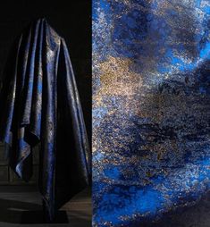 two different views of a blue and gold cloth