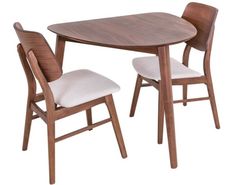 a wooden table with two chairs and a white cushion on the bottom one chair is up