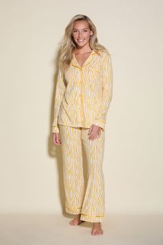 Bella PJs original fit long sleeve top and long pants lounge and sleepwear set. Printed, super soft Pima cotton and modal set with contrast satin piping. Classic, original fit, with contrast trim. Elastic waistband pants with long sleeve button-down top. Cold-water wash and hang to dry. | Cosabella - Women's Bella Printed Long Sleeve Top & Pant Pajama Set Pajama in Zebra Serengeti Sun/Serengeti | Size Medium | Cotton Set | Cosabella - Women's Bella Printed Long Sleeve Top & Pant Pajama Set in Ze Bohemian Printed Sleepwear For Home, Cosabella Pajamas, Striped Long Sleeve Relaxed Fit Sleepwear, Animal Print Pajama Set, Leopard Print Pajama Set, Long Sleeve Multicolor Sleepwear With Character Print, Luxury Sleepwear, Waistband Pants, Elastic Waistband Pants