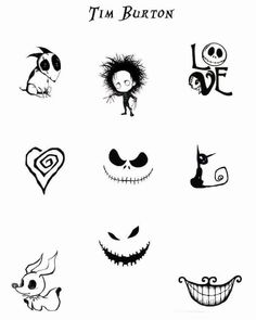 the faces of tim burton are drawn in different styles and colors, including black and white