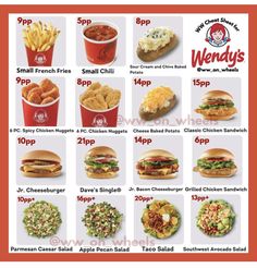 the menu for wendy's is shown with many different types of food and drinks