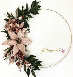 a wreath with flowers and greenery on the front is surrounded by words that read glitterwood