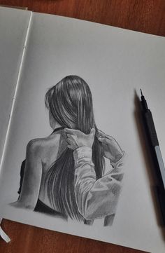 a pencil drawing of a woman's back with her hand on her shoulder and the other arm behind her head