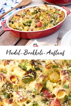 a casserole dish with broccoli, cheese and tomatoes is shown in this collage