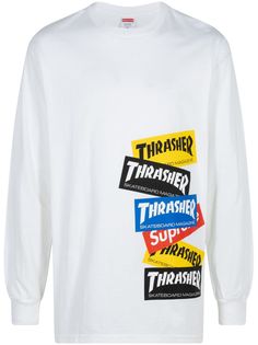 white/multicolour cotton crew neck long sleeves logo print to the front straight hem When buying this unisex item, keep in mind that it is graded in standard men's sizing. White Logo Print Sweatshirt For Streetwear, White Long Sleeve T-shirt With Logo, Long Sleeve Cotton T-shirt With Logo, Urban White Graphic Print Sweatshirt, White Crew Top For Streetwear, White Long Sleeve Sweatshirt With Graphic Design, T Shirt Vest, Logo T Shirt, White T Shirt